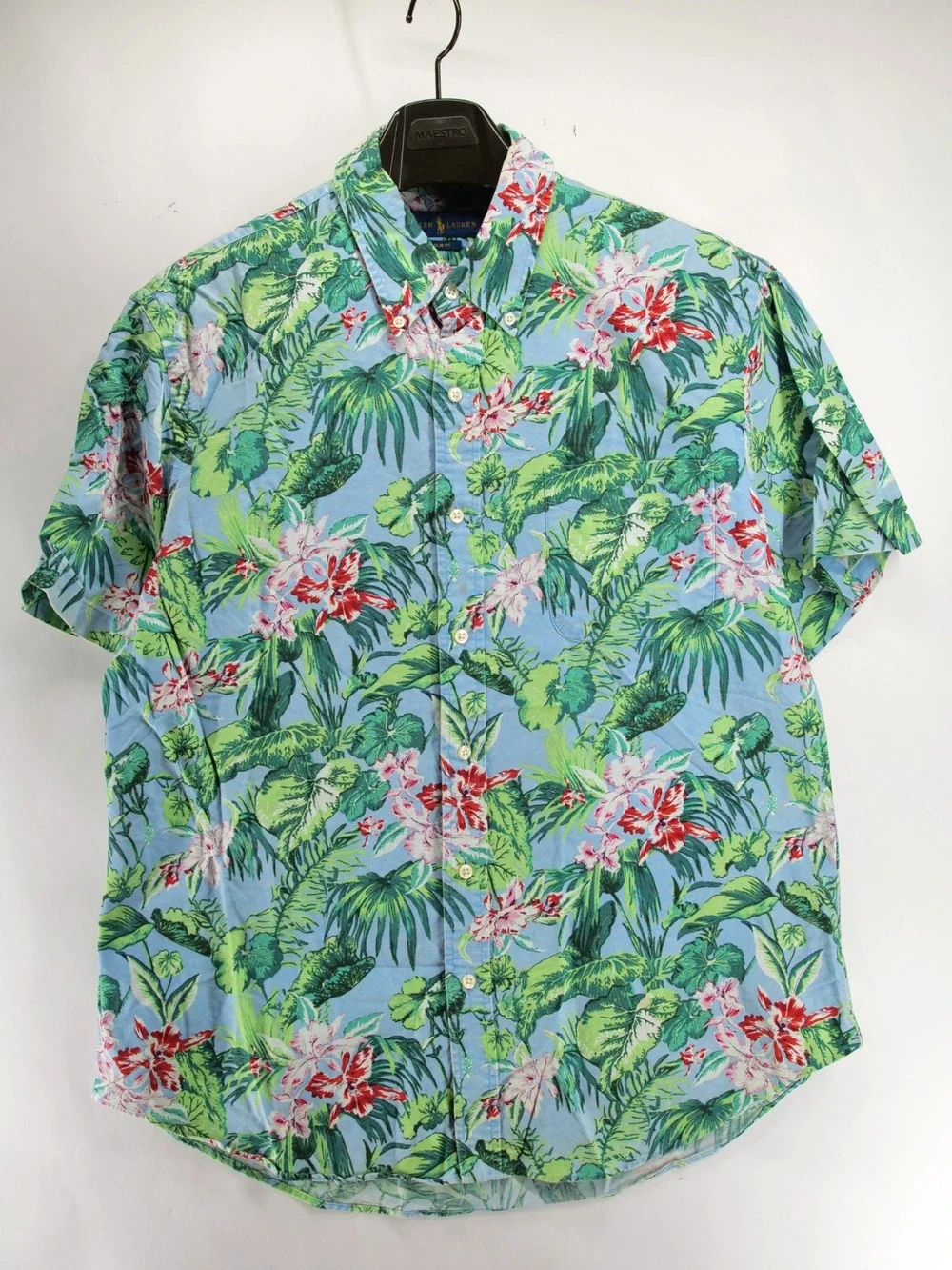 Ralph Lauren Mens XL Slim Fit Blue Hawaiian Floral Short Sleeve Button Up Shirt